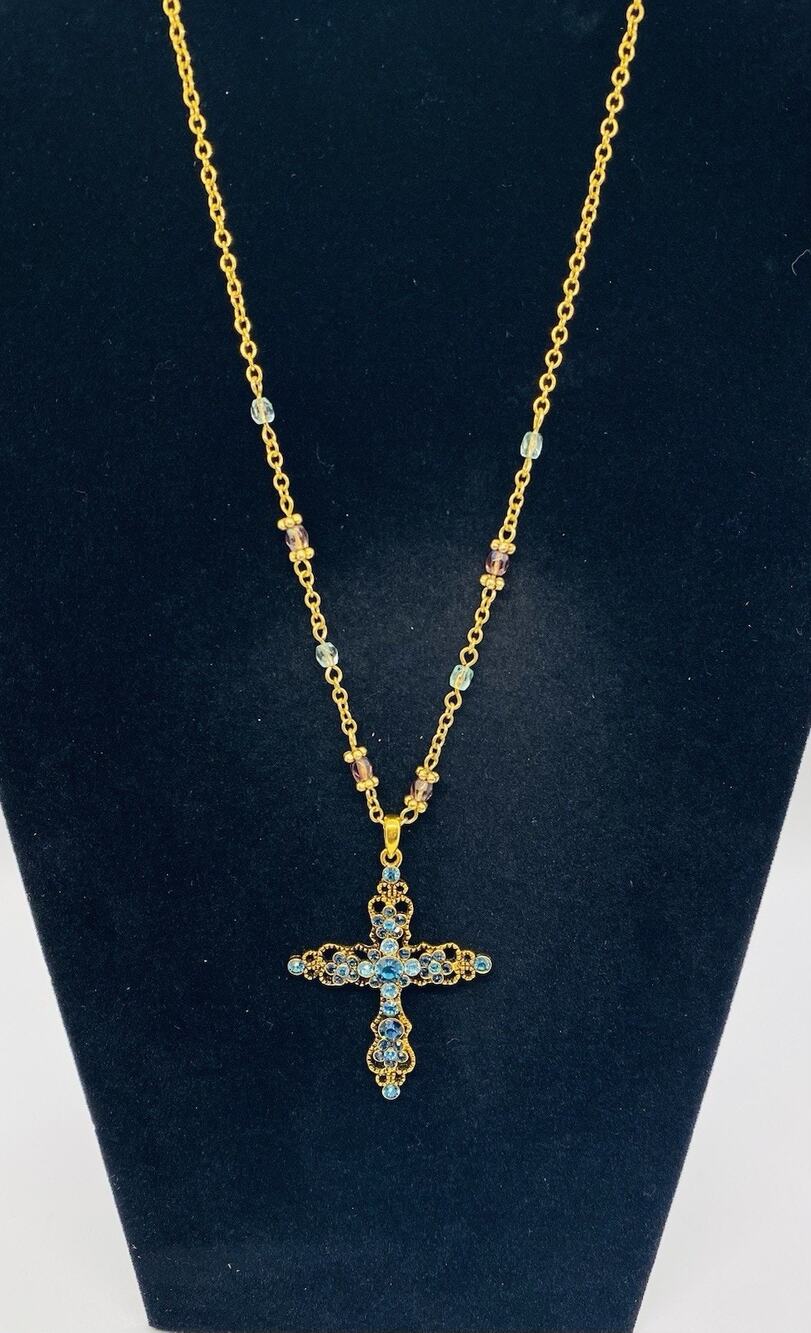 Vtg Avon Cross Pendant Necklace Blue Teal Rhinestones Gold Tone Chain SH Signed